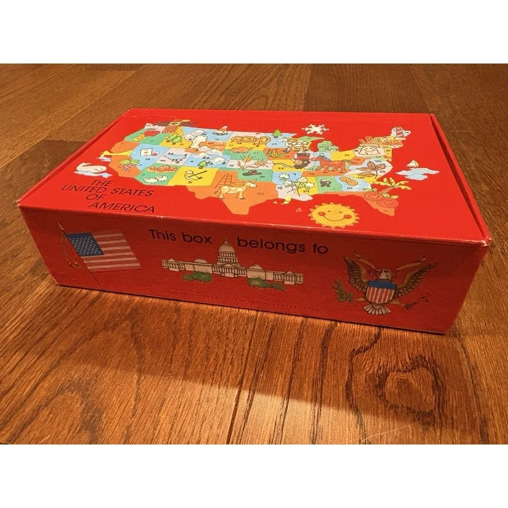 Vintage School Pencil Supply Box Holder United States Map Red